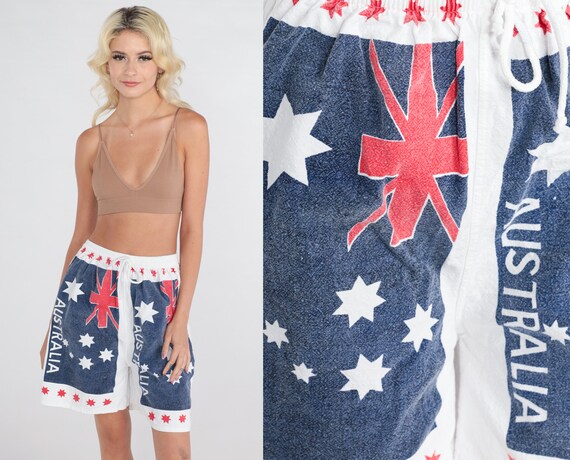 Australia Shorts 90s Surfer Shorts Summer Australian Flag Print Print High Drawstring Waist Casual Baggy Cotton Vintage 1990s Small Medium