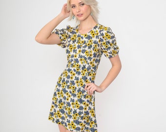 Vintage Mod Floral Dress 60s 70s Puff Sleeve Dress Sunflower Mini Hippie Dress Boho Bohemian Shift Gogo Empire Waist Twiggy Extra Small xs