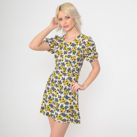 Vintage Mod Floral Dress 60s 70s Puff Sleeve Dress Sunflower Mini Hippie Dress Boho Bohemian Shift Gogo Empire Waist Twiggy Extra Small xs