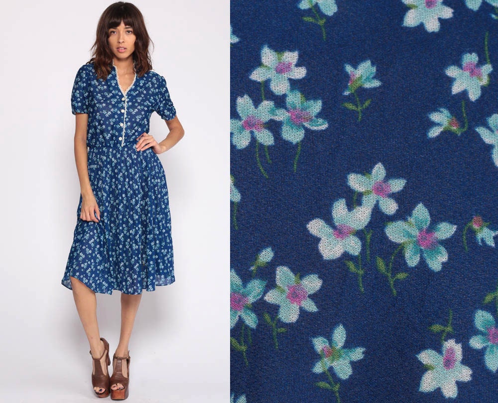 Vintage Pleated Blue Floral Dress