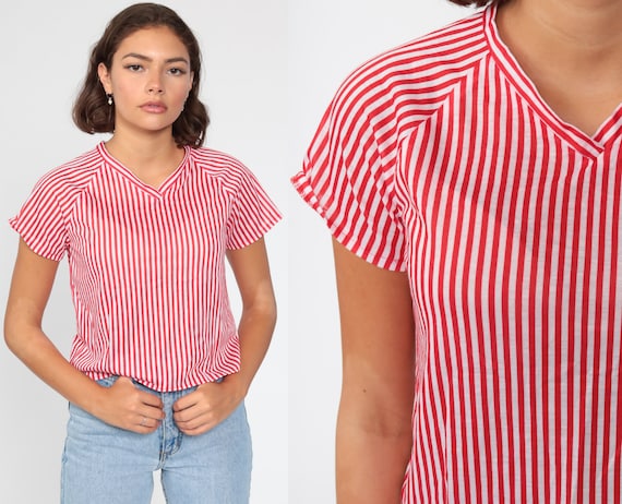 Aprovechar nuez bombilla Camisa roja blanca a rayas CAP SLEEVE Blusa V Cuello Camiseta - Etsy España