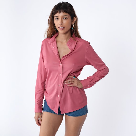 Pink Blouse 70s Stand Up Collar Button Up Top High Neck Shirt Long Sleeve Retro Preppy Secretary Simple Plain Basic Vintage 1970s Medium M