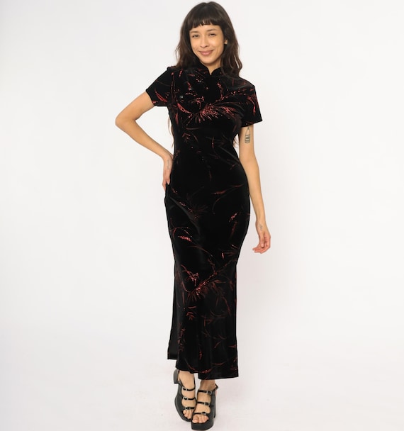 Y2K Black Velvet Maxi Dress Red Floral Sparkle Glitter Chinese Collar Button Front Short Sleeve Side Slit Fitted Cheongsam Asian Small S