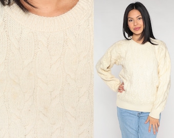 Cream Cable Knit Sweater 80s Australian Merino Wool Pullover Sweater Chunky Knit Pullover Jumper Fisherman Cableknit Vintage 1980s Small S