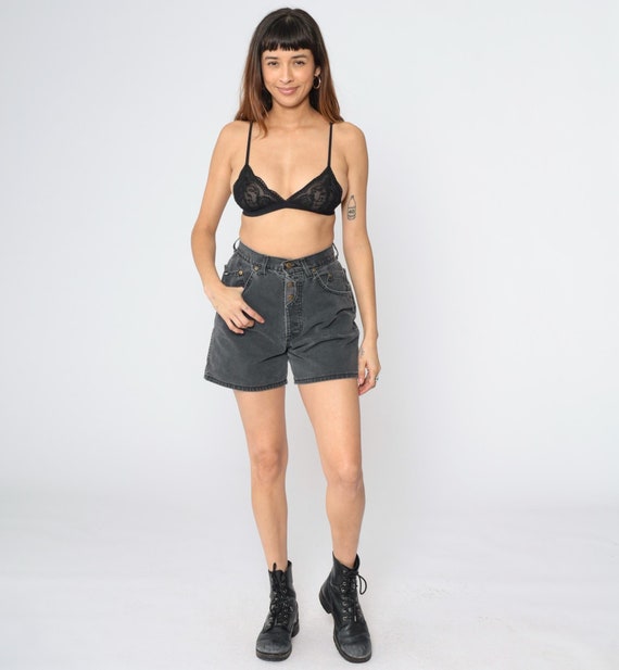 90s Black Denim Shorts Faded Jean Shorts Exposed Button Fly High Rise Waist Retro Basic Chic Jeans Summer Vintage 1990s Small S 27