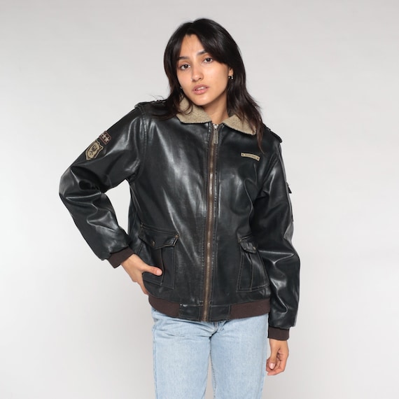 Faux Leather Sherpa Jacket Y2K Dark Brown Pilot Zip Up Flight Aviator Jacket Pacific Trail Cargo Pocket Patch Retro Vintage 00s Small Medium