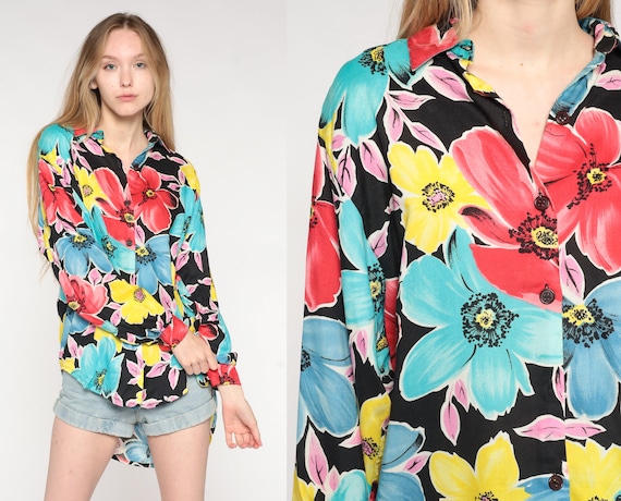 90s Button Up Shirt Floral Print Blouse Diane von Furstenberg Bright Black Printed Shirt Long Sleeve Top 1990s Vintage Oversized Small S