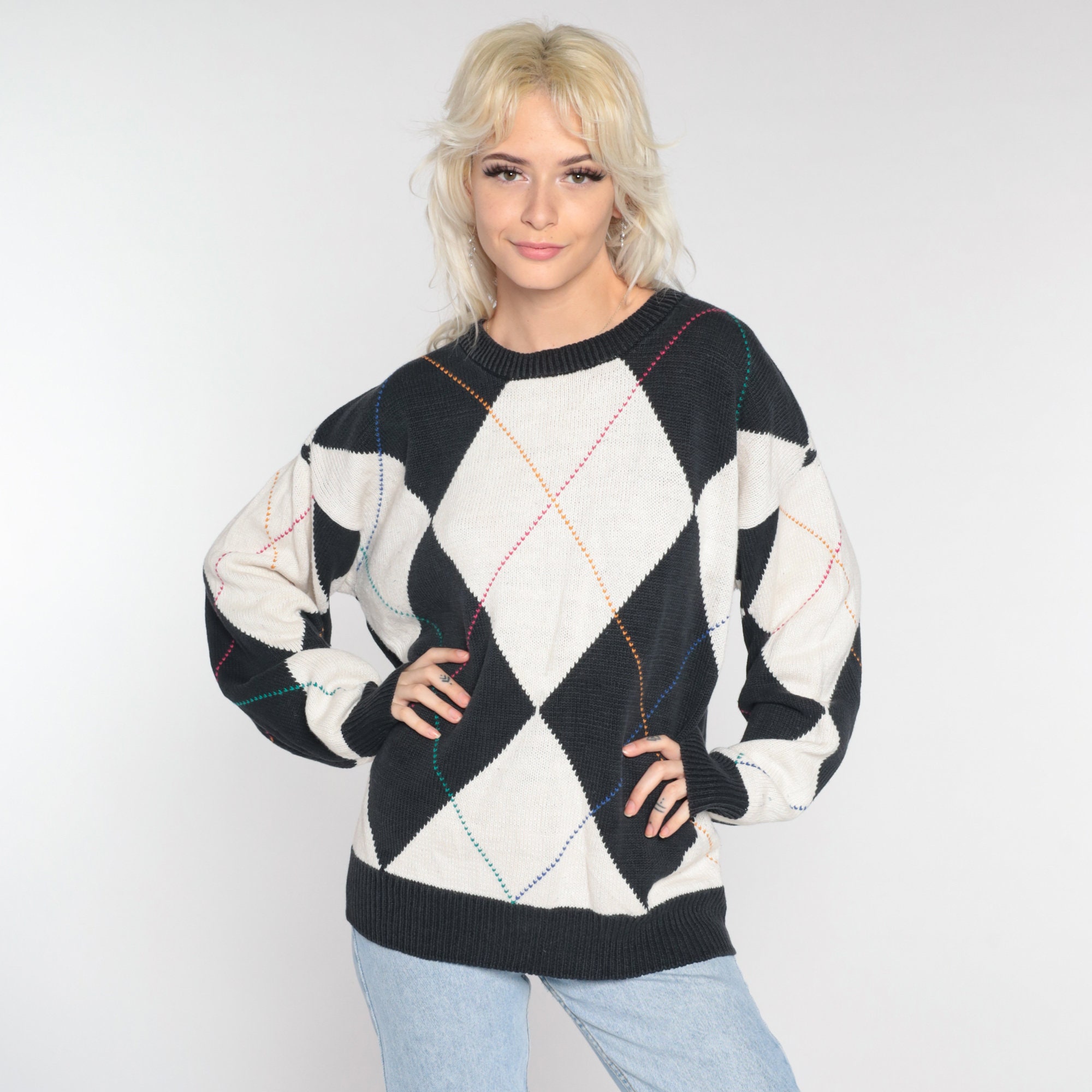 90s Argyle Sweater Black White Checkered Pullover Sweater Harlequin