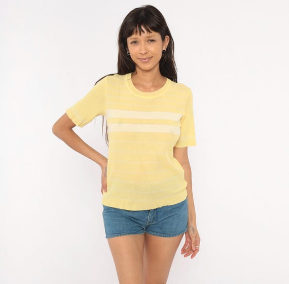 70s Striped Knit Top Yellow White Pullover Sweater Butter Lemon Collegiate Preppy Academic Shirt Vintage Blouse Ronfinne Small Medium S M