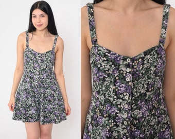 Floral Romper Dress 90s Mini Corset Playsuit Retro Wide Leg Shorts Button Up Sleeveless Boho Black Green Purple Cotton Vintage 1990s Medium