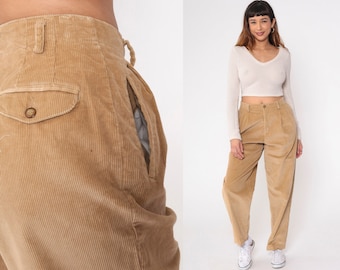 Geplooide Corduroy broek jaren '90 broek Tan hoog getailleerde broek moeder broek rechte taps toelopende pijp Liz Sport effen Vintage jaren 1990 Medium