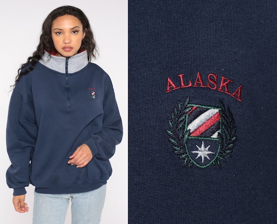 Alaska Sweatshirt 80s 90s Quarter Zip Navy Blue Sweatshirt Embroidered Tourist Funnel Neck Vintage Retro Pullover Grey Collar Zipper Large L