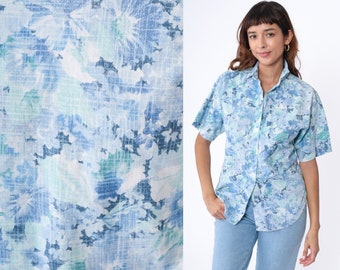 90s Button Up Shirt Blue Floral Blouse Summer Top Short Sleeve Top Casual Botanical Shirt Flower Pattern 1990s Vintage Cotton Blend Medium