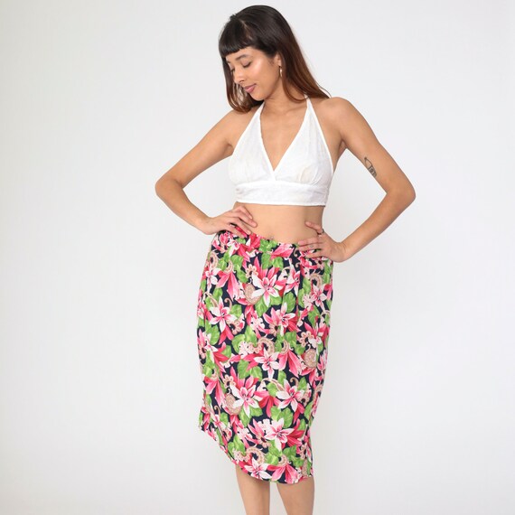 Tropical Floral Midi Skirt 90s Botanical Navy Blue Summer Skirt Pencil Boho Print High Waisted 1990s Vintage Pleated Casual Rayon Medium 10