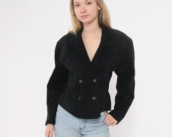 90s Black Leather Blazer Double Breasted Cropped Jacket Button Front Notched Lapel Long Sleeve Structured Shoulder Vintage Goth Small S
