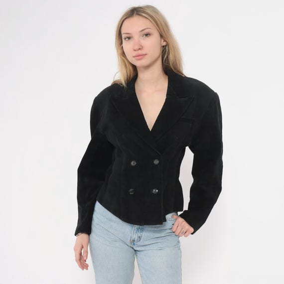 90s Black Leather Blazer Double Breasted Cropped Jacket Button Front Notched Lapel Long Sleeve Structured Shoulder Vintage Goth Small S