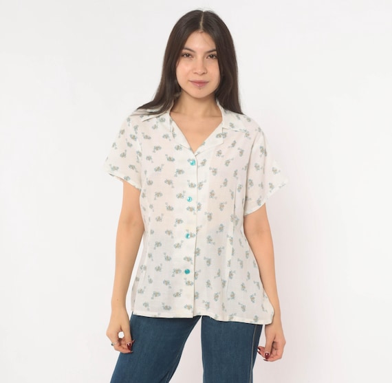 70s Floral Camp Collar Shirt White Cotton Button Front Blouse Blue Flower Print Short Sleeve Ditsy Top Summer Cottagecore Hawaiian Large L