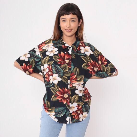 90s Black Hawaiian Shirt Tropical Floral Short Sleeve Vintage Blouse Hibiscus Plumeria Resort Vacation Summer Beach Club Medium M