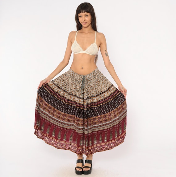 90s Broomstick Skirt Indian Block Print Maxi Burgundy Paisley Floral Drawstring Waist Cream Black Prairie Bohemian Folk Hippie Large L