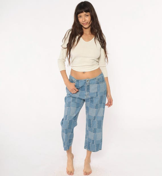 Y2K Patchwork Denim Jeans Cropped Capri Blue Cotton Straight Leg Zipper Fly Vintage Distressed Pants Raw Edge Seam Casual Street Medium M