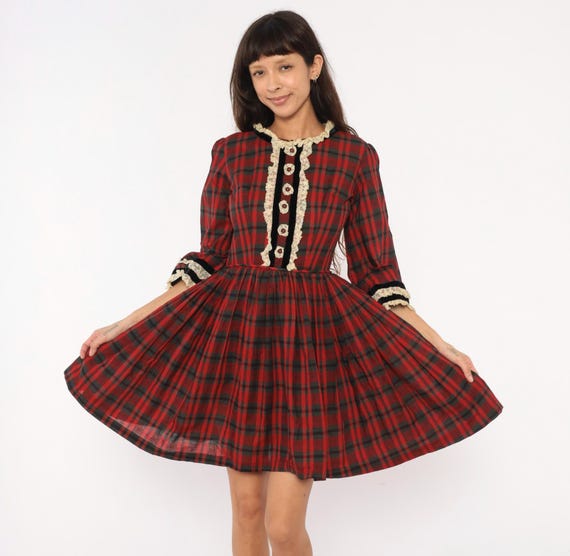 60s Plaid Mini Lace Trim Dress Red Black Tartan Velvet Ribbon Puff Sleeve Cotton Prairie Dark Cottagecore Holiday Party Gothic Small S