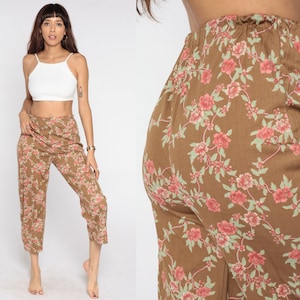 Floral Trousers 80s Brown Pants Pink Floral Print High Waist Straight Leg Pants 1980s Boho Pants High Waisted Trousers Bohemian Small
