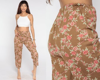 Floral Trousers 80s Brown Pants Pink Floral Print High Waist Straight Leg Pants 1980s Boho Pants High Waisted Trousers Bohemian Small