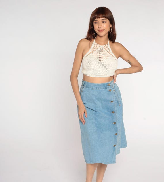 90s Denim Skirt Light Blue Button Front High Waist Elastic Knee Length Jean Skirt Chambray Preppy Casual Summer Vintage Medium Large M L