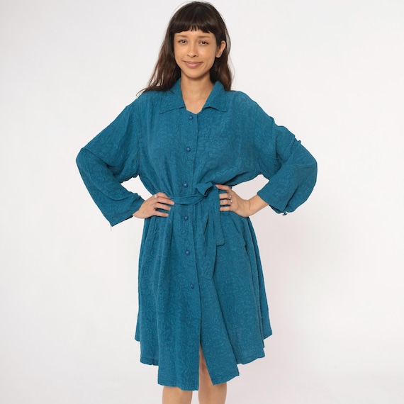 Teal Blue Robe Y2K Jacquard Floral Duster Coat Tie Belted Long Sleeve Collared Housecoat Dressing Gown Bath Robe Vintage Loungewear Large L