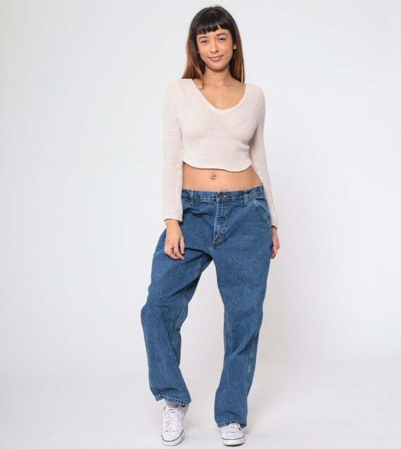 90s Carhartt Jeans Hammer Loop Workwear Cargo Jeans Vintage High Waisted Straight Leg Utility Jeans Denim Blue Work Wear Large 36 x 30