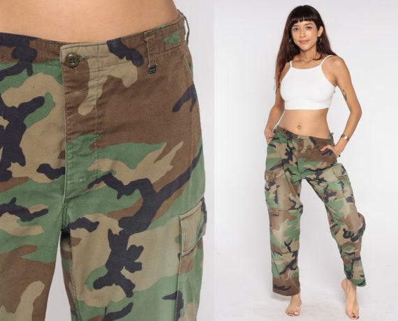 Camo Army Pants 80s CARGO Pants Military Combat Olive Green Camouflage Vintage 1980s Punk Grunge Olive Drab Army Cotton Short Medium