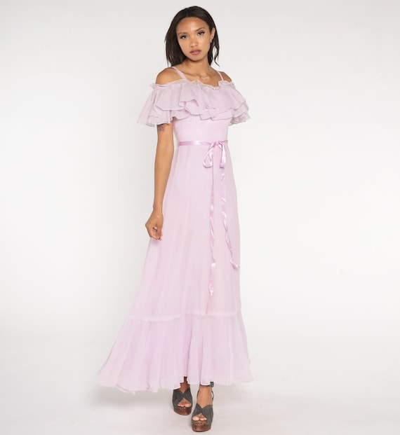 70s Prom Dress Lavender Maxi Dress Ruffled Off Shoulder Party Princess Gown Retro Flutter Girly Pastel Purple Vintage 1970s Extra Small xs