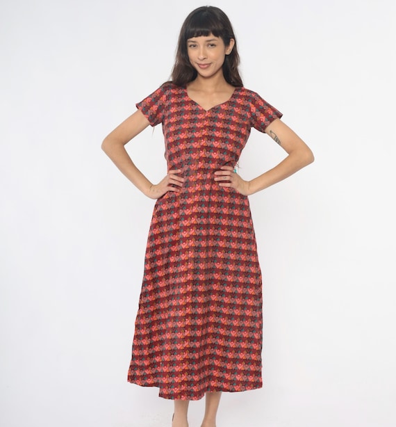 80s Southwestern Dress Geometric Tribal Tie Waist Cotton Red Orange Pink Brown Teal Pattern Cottagecore Sundress Vintage Small Medium S M