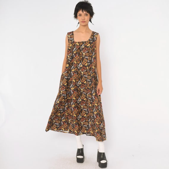 90s Sunflower Floral Dress Black Brown Cotton Sleeveless Ankle Length Scoop Neck A Line Dark Cottagecore Grunge Prairie Sun Vintage Large L