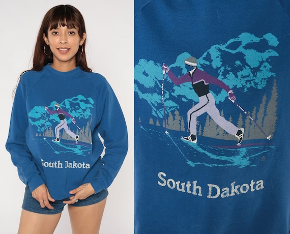 South Dakota Sweatshirt 80s Skier Graphic Sweater Blue Retro Cross-Country Ski Skiing Raglan Sleeve Vintage 1980s Jerzees Extra Large xl