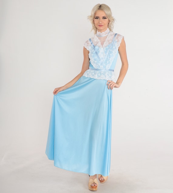 Vintage Blue Gown 70s Prom Dress White Lace Victo… - image 2