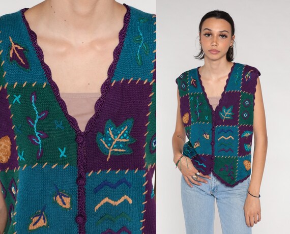 90s Sweater Vest Patchwork Leaf Print Button up K… - image 1