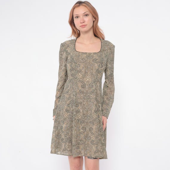 90s Paisley Dress Liz Claiborne Sage Green Cream Square Neck Long Sleeve Prairie Cottagecore Olive Minimalist Flowy Bohemian Vintage Small S