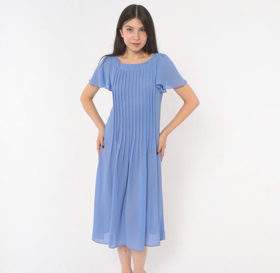Periwinkle Pintuck Dress 80s Flutter Sleeve Chiffon Sheer Pleated Lavender Lilac  A Line Midi Violet Blue Feminine Vintage Frock Small S