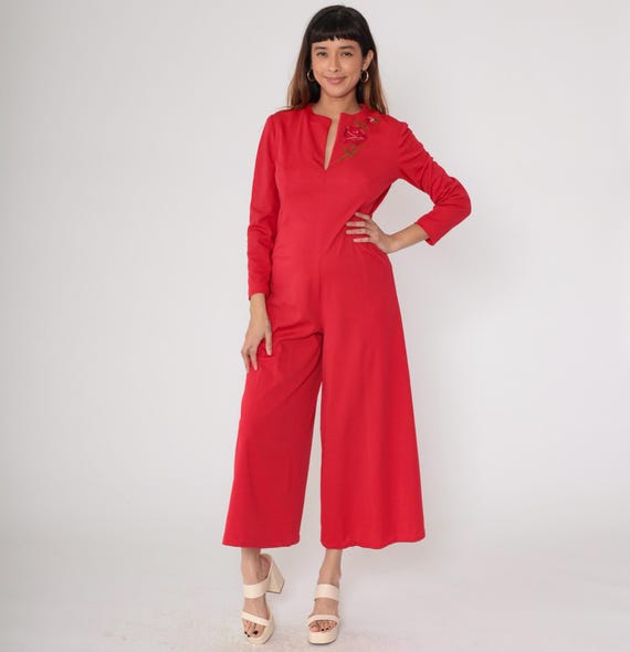 Red Bell Bottom Jumpsuit Rose Embroidered 70s Jumpsuit Disco Vintage Long Sleeve Vintage V Neck Floral Embroidery Palazzo Studio 54 Medium M