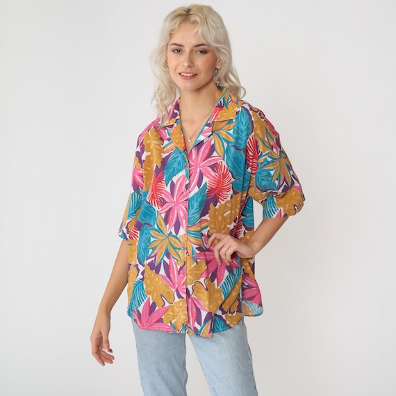 Tropical Leaf Shirt Surfer Hawaiian Shirt 80s 90s Top Leaf Print Button Up Short Sleeve Surf Vintage 1990s Pink Purple Blue Large 12