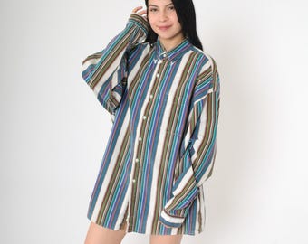 90s Striped Button Up Shirt Multicolored Cotton Collared Shirt Green Blue Oxford Top Long Sleeve Retro Vintage 1990s Men's Extra Large xl