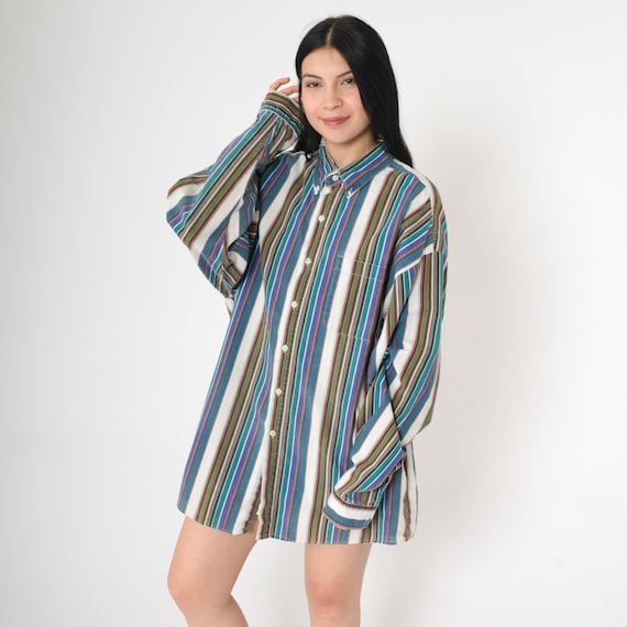 90s Striped Button Up Shirt Multicolored Cotton Collared Shirt Green Blue Oxford Top Long Sleeve Retro Vintage 1990s Men's Extra Large xl