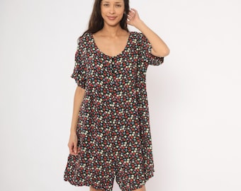 90s Floral Romper Black Red Ditsy Daisy Scoop Neck Wide Leg Shorts Jumpsuit Cottagecore Summer Playsuit Colorful One Piece Plus Size 2X