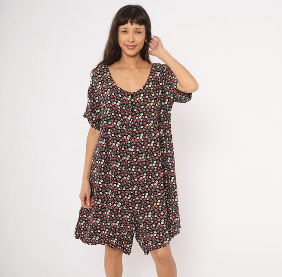 90s Floral Romper Black Red Ditsy Daisy Scoop Neck Wide Leg Shorts Jumpsuit Cottagecore Summer Playsuit Colorful One Piece Plus Size 2X