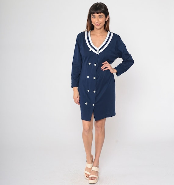 90s Double Breasted Dress Navy Blue Sailor Mini Dress Button Up Shirtdress Long Sleeve V Neck White Striped Vintage 1990s Small Medium 6 8