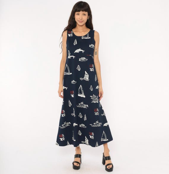 Nautical Print Maxi Dress 90s Navy Sailboat Dolphin Sleeveless Scoop Neck Cotton A Line Novelty Sea Ocean White Cruise Sundress Medium M