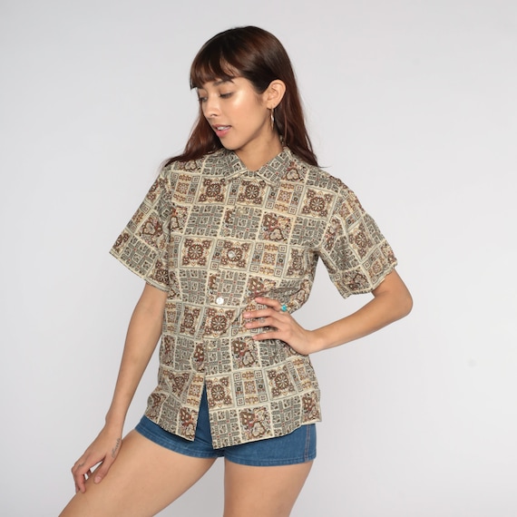 Psychedelic Shirt Hippie Blouse Geometric Print 60s Top Bohemian Shirt 1960s Short Sleeve Button Up Boho Brown Cream Leaf Print Medium