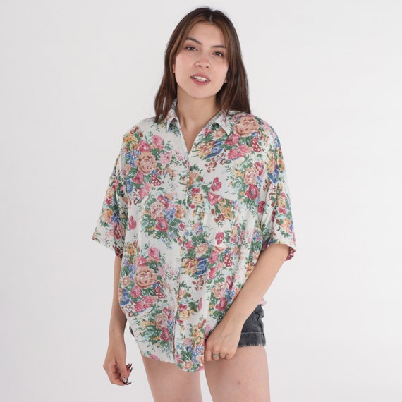 White Floral Blouse 90s Button Up Shirt Button Short Sleeve Collared Top Rose Flower Print Summer Chest Pocket Bohemian Vintage 1990s Large