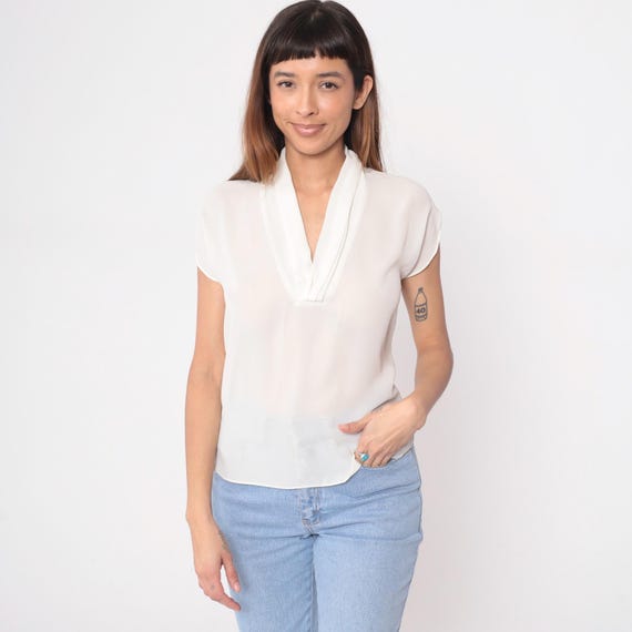 Cream Sheer Blouse 90s V Neck Sleeveless Cap Sleeve Draped Minimalist Office Top Vintage Work Casual Basic Simple Clean Girl Soft Small S